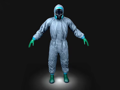 Gray Hazmat Suit with Blue Helmet Face Mask and Green Gloves Boots on Black Background 3d model