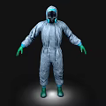 Gray Hazmat Suit with Blue Helmet Face Mask and Green Gloves Boots on Black Background