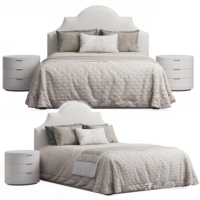 Light Colored Double Bed With Upholstered Headboard Bedding And White Bedside Tables With Drawers 3d model