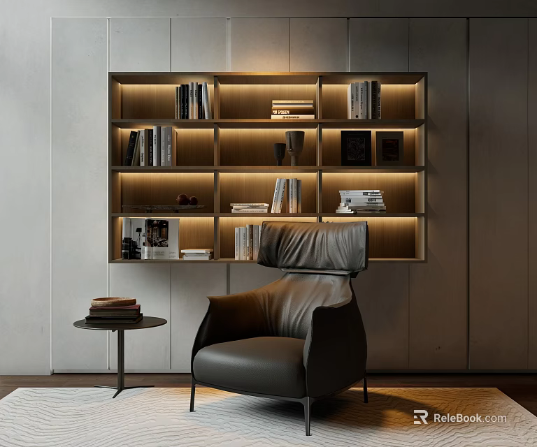 Black Leather Single Sofa With Small Round Side Table And Lit Bookshelf Against Gray Wall 3d model