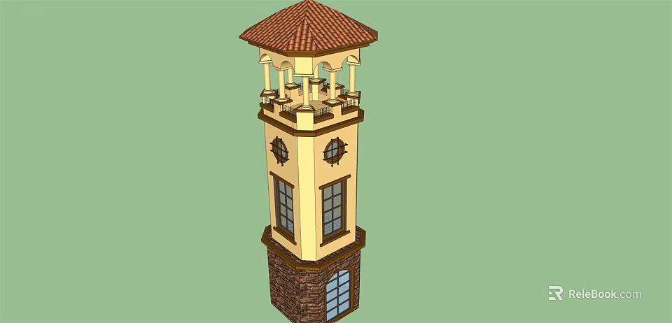 Traditional Tower with Red Roof Arched Balcony Yellow Exterior Brick Base and Windows 3d model 