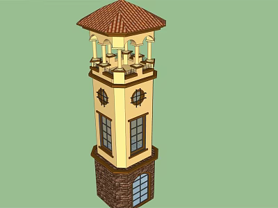 Traditional Tower with Red Roof Arched Balcony Yellow Exterior Brick Base and Windows 3d model