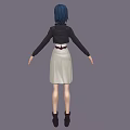 Blue haired woman in black jacket white dress purple belt black boots gray background
