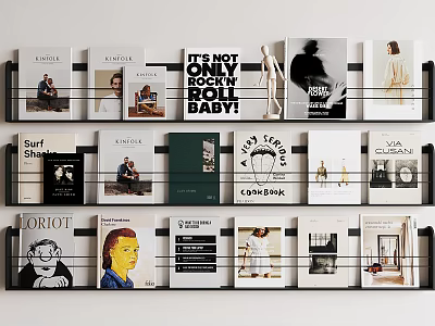 Books With Various Covers Arranged On White Bookshelf In Different Colors And Designs 3d model