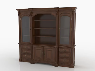 Elegant Wooden Wine Cabinet With Glass Doors Open Shelves And Drawers 3d model