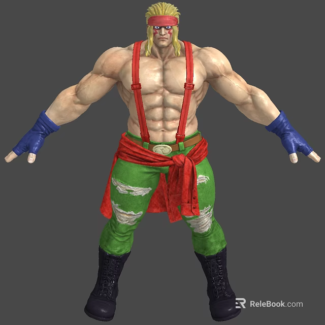 Muscular Male Character With Red Suspenders Green Torn Pants Blue Gloves And Black Boots 3d model 