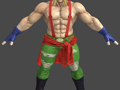 Muscular Male Character With Red Suspenders Green Torn Pants Blue Gloves And Black Boots 3d model