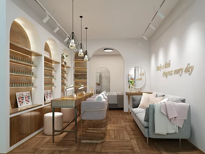 Modern Beauty Hair Salon Interior With Comfortable Seating Product Shelves And Decorative Mirrors 3d model