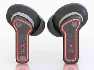 Modern Black Wireless Earbuds With Red Neon Lights And Ergonomic In Ear Design 3d model
