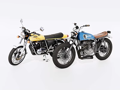 Two Vintage Motorcycles Yellow And Blue Classic Retro Stylish Design 3d model