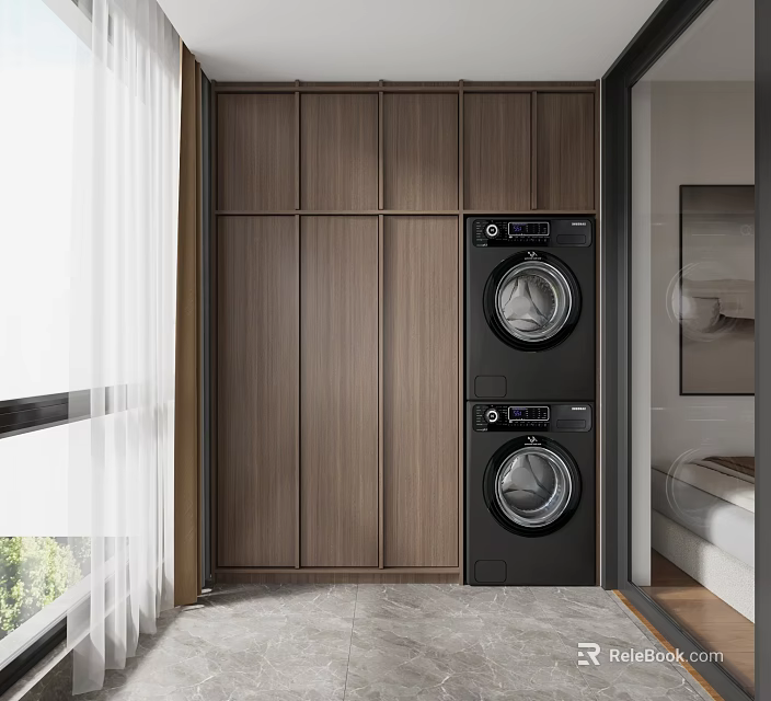 Modern Home Balcony Interior With Wooden Storage Cabinets Stacked Black Washing Machines And White Curtains 3d model 