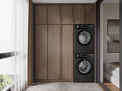 Modern Home Balcony Interior With Wooden Storage Cabinets Stacked Black Washing Machines And White Curtains 3d model