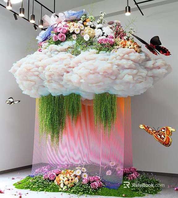 Creative Cloud Shaped Garden Ornament With Colorful Flowers Green Hanging Plants And Vibrant Butterflies 3d model 