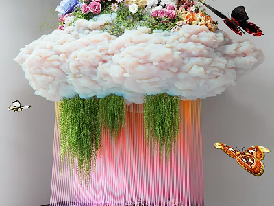 Creative Cloud Shaped Garden Ornament With Colorful Flowers Green Hanging Plants And Vibrant Butterflies 3d model