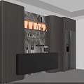 Modern Minimalist Home Wine Cabinet With Illuminated Display Shelves Marble Backdrop And Built In Refrigerator