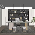 Modern Study Room With Long Desk Computer Chair Shelves Books Decor Items And Green Plant
