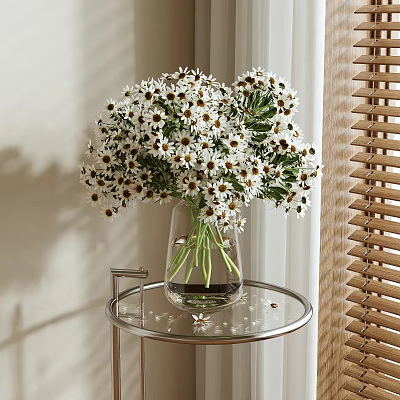White Daisies in Transparent Vase on Round Metal Side Table With Wooden Blinds 3d model White Daisies in Transparent Vase on Round Metal Side Table With Wooden Blinds 3d model