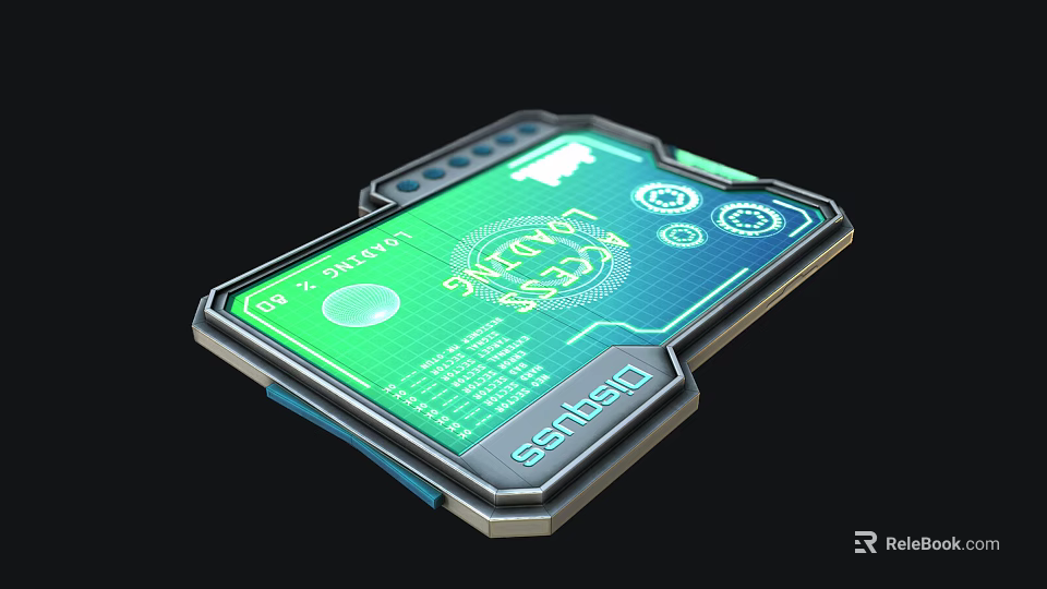 Futuristic Tablet Tech Screen Interface With Green Blue Display Gear Icons Metal Frame Design 3d model 