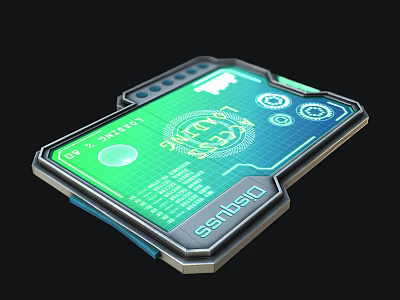 Futuristic Tablet Tech Screen Interface With Green Blue Display Gear Icons Metal Frame Design 3d model