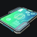 Futuristic Tablet Tech Screen Interface With Green Blue Display Gear Icons Metal Frame Design
