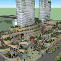 Modern Commercial Complex With High Rise Buildings Blue Spherical Structure And Facade Greenery