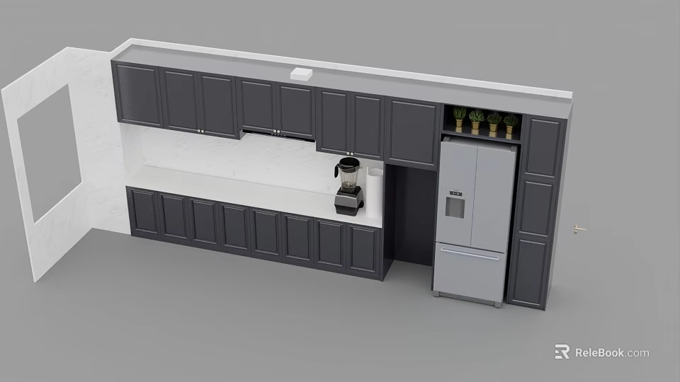 Dark Gray Kitchen Cabinets with White Countertop Coffee Maker and Refrigerator 3d model 