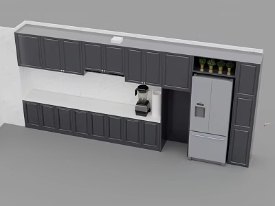 Dark Gray Kitchen Cabinets with White Countertop Coffee Maker and Refrigerator 3d model