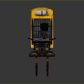 Yellow Industrial Forklift With Black Cab And Metal Forks On Gray Surface