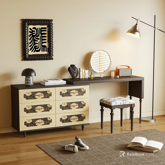 Vintage Dressing Table With Floral Pattern Drawers Round Mirror And Stool With Cushion 3d model 