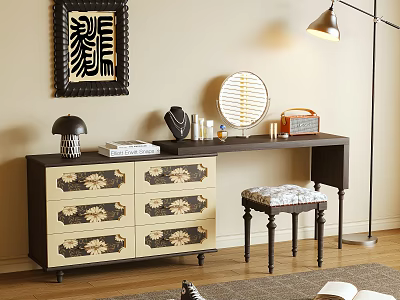 Vintage Dressing Table With Floral Pattern Drawers Round Mirror And Stool With Cushion 3d model
