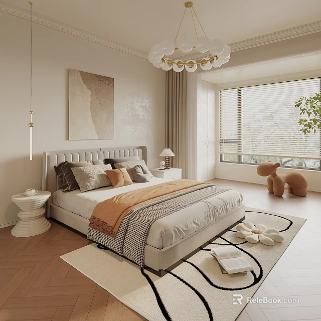 Modern Bedroom Interior With Plush Pillows Artwork Glass Chandelier And Cozy Area Rug 3d model 
