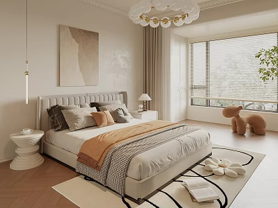 Modern Bedroom Interior With Plush Pillows Artwork Glass Chandelier And Cozy Area Rug 3d model