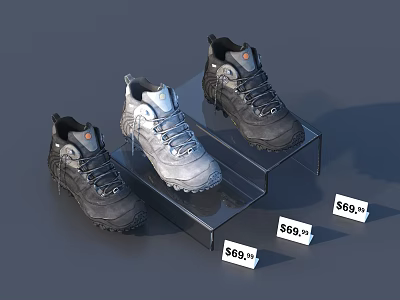 Black And Gray Athletic Shoes On Transparent Display Stand With Price Tag 69.99 3d model