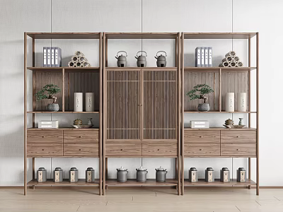 Traditional Chinese Wooden Display Shelf With Pots Plants And Books 3d model