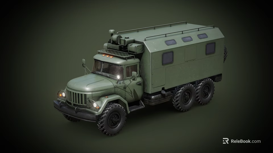 Military Green Off Road Truck with Six Wheels Roof Equipment and Side Windows 3d model 