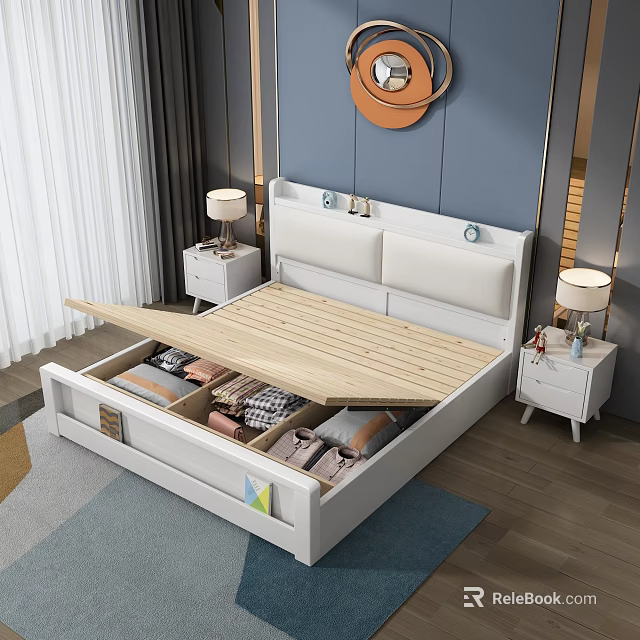 Modern Double Bed With Open Storage Base And Bedside Tables With Lamps 3d model 