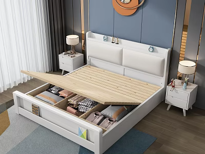 Modern Double Bed With Open Storage Base And Bedside Tables With Lamps 3d model