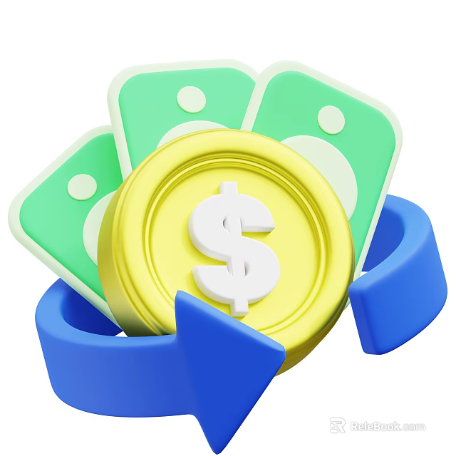 Household Saving Items With Gold Coin Green Banknotes And Blue Arrow 3d model 
