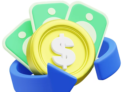 Household Saving Items With Gold Coin Green Banknotes And Blue Arrow 3d model