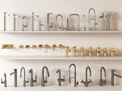 Various Style Faucets Displayed on White Shelves with Silver and Gold Colors 3d model
