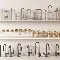 Various Style Faucets Displayed on White Shelves with Silver and Gold Colors