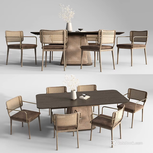Modern Rectangular Dining Table Set With Six Rattan Chairs And Vase Decoration 3d model