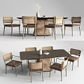 Modern Rectangular Dining Table Set With Six Rattan Chairs And Vase Decoration 3d model