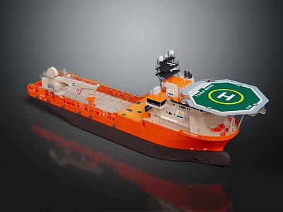 Orange Marine Work Vessel with Green Helipad White H Symbol and Deck Equipment 3d model