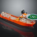 Orange Marine Work Vessel with Green Helipad White H Symbol and Deck Equipment