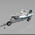White Tracker Boat With Aluminum Trailer Blue Outboard Motor On Reflective Surface