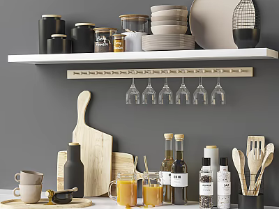Stylish Kitchenware Display On White Shelf With Jars Plates Wine Glasses Cutting Boards And Bottles 3d model