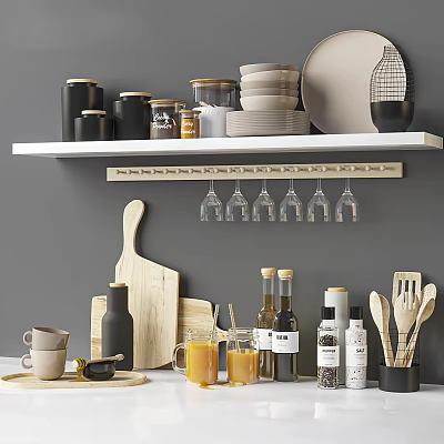 Stylish Kitchenware Display On White Shelf With Jars Plates Wine Glasses Cutting Boards And Bottles 3d model