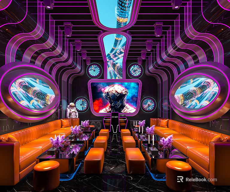 Futuristic KTV Room Interior With Purple Neon Lights Orange Sofas Round Windows And Large Screen 3d model 
