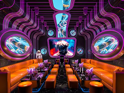 Futuristic KTV Room Interior With Purple Neon Lights Orange Sofas Round Windows And Large Screen 3d model